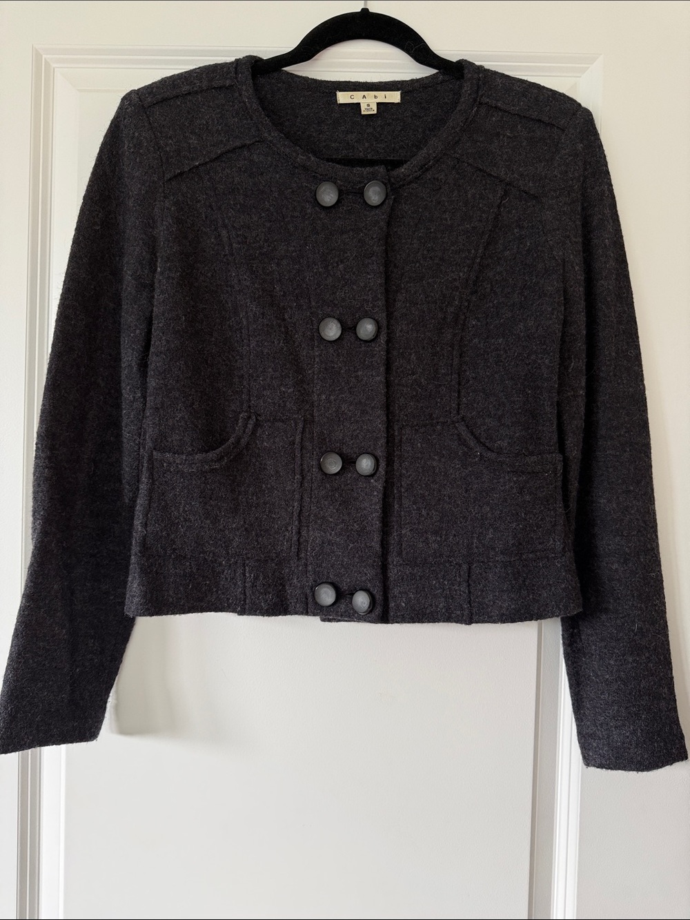 CAbi Dark Charcoal Cropped Button Boiled Wool Jacket Size Small